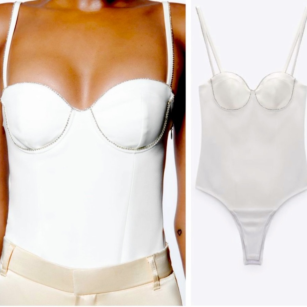 Zara Diamante Rhinestone Trimmed Bustier White Cami Bodysuit NWT Size Medium